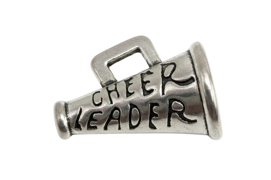 Antique silver megaphone charm with blackened "CHEER LEADER" lettering