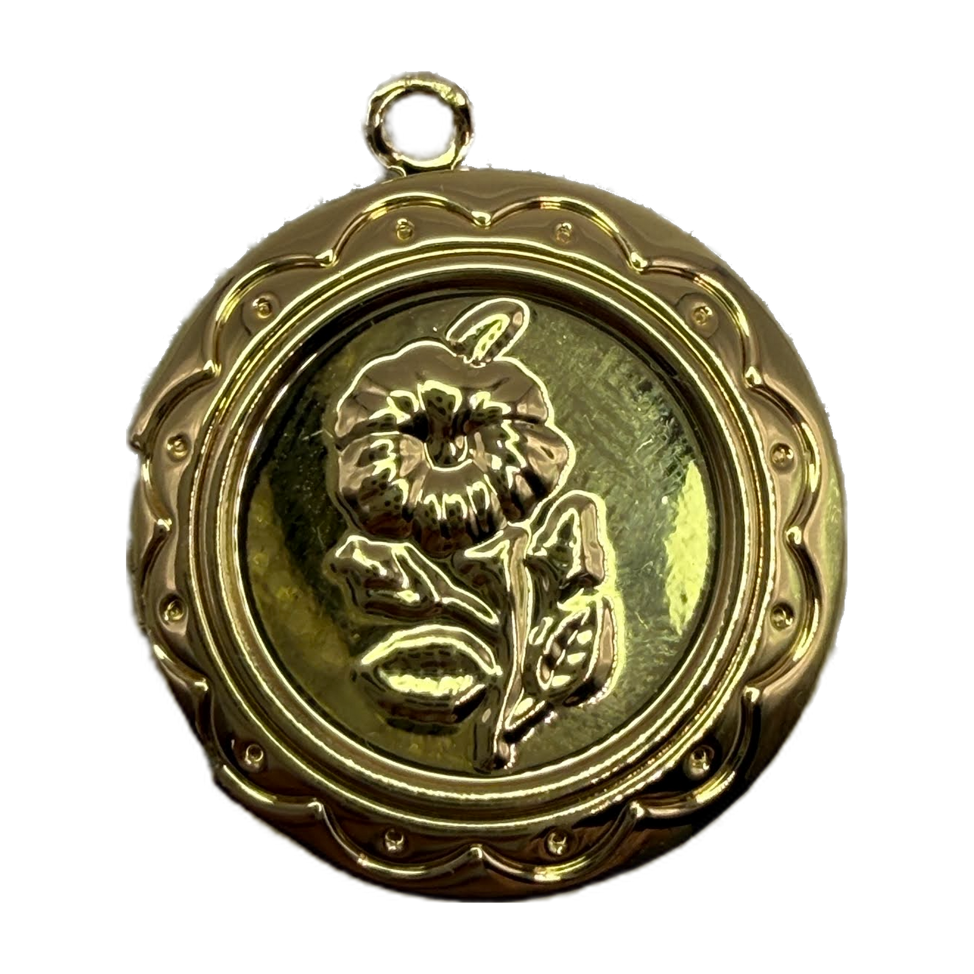 Polished gold round floral medallion with embossed flower and scalloped beaded border