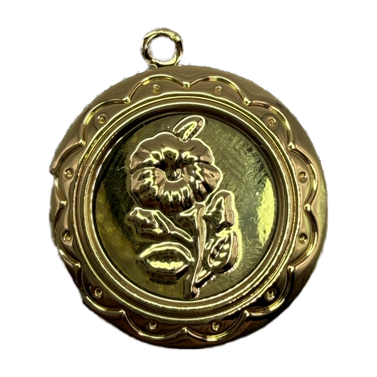 Polished gold round floral medallion with embossed flower and scalloped beaded border