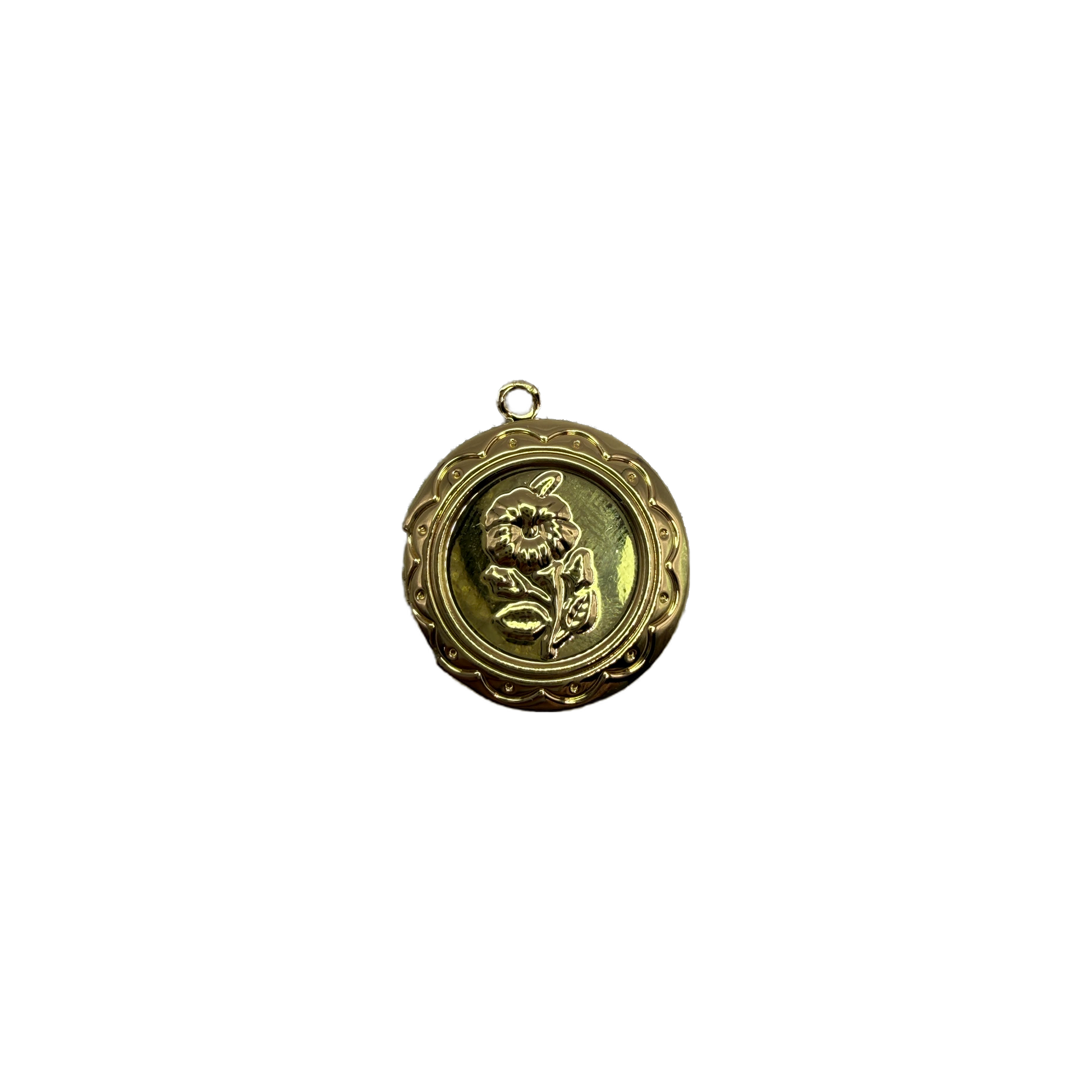 Gold floral medallion with embossed flower and scalloped border