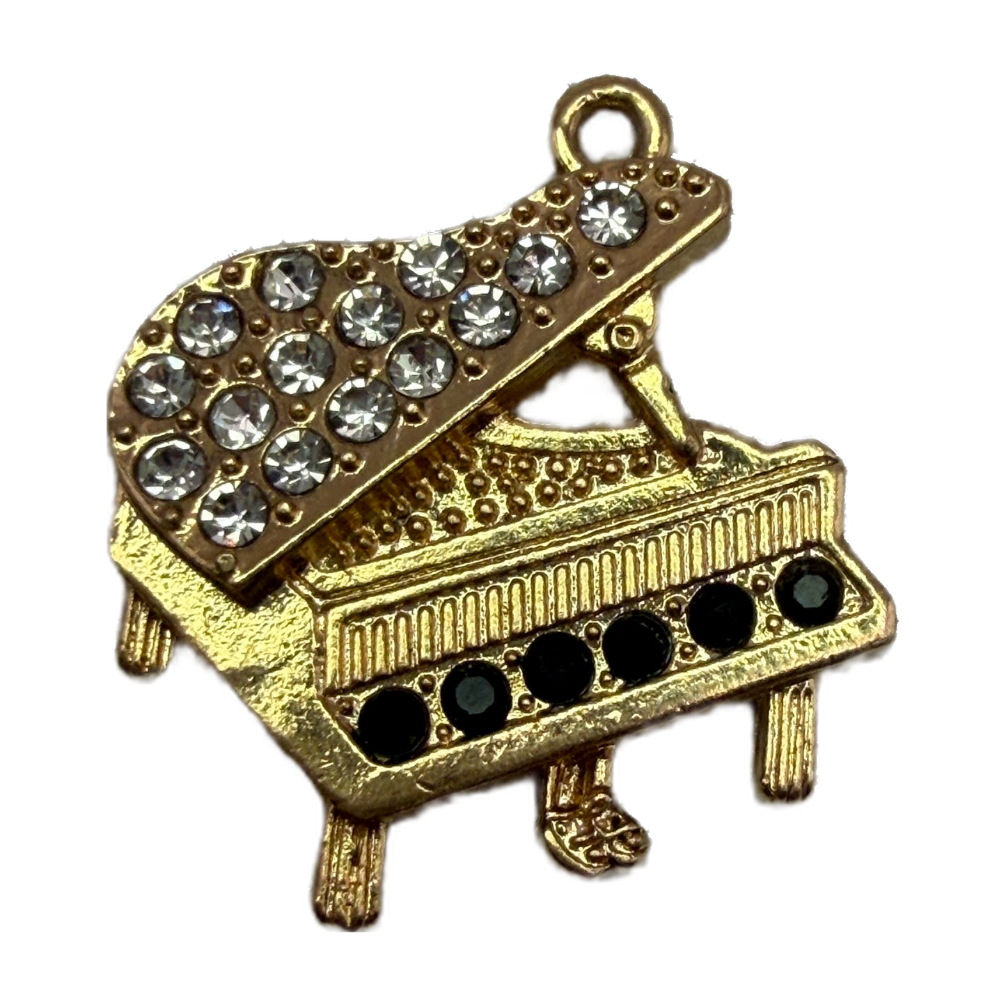 Gold grand piano charm with clear pavé crystals and black gem accents