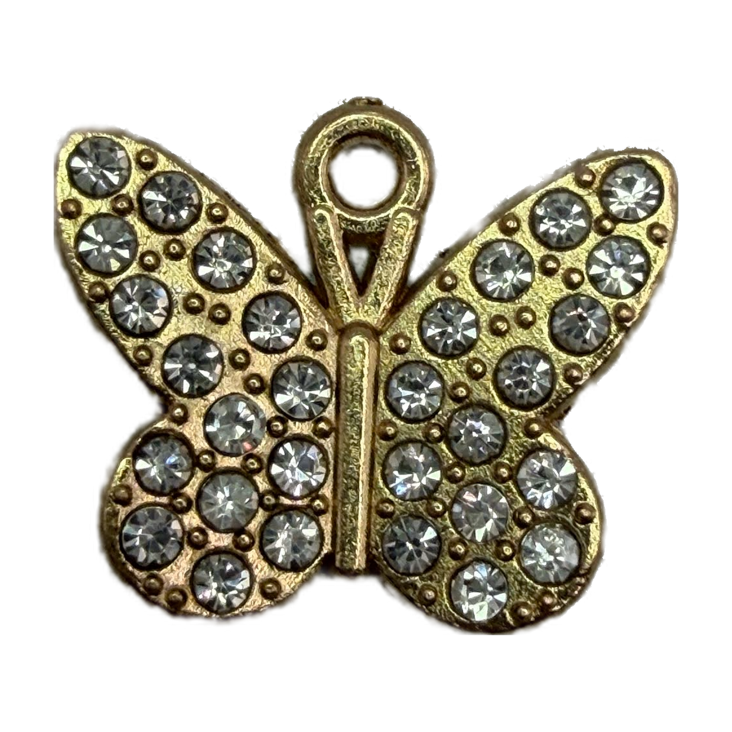 Gold butterfly charm with pavé-style clear crystals and textured detailing