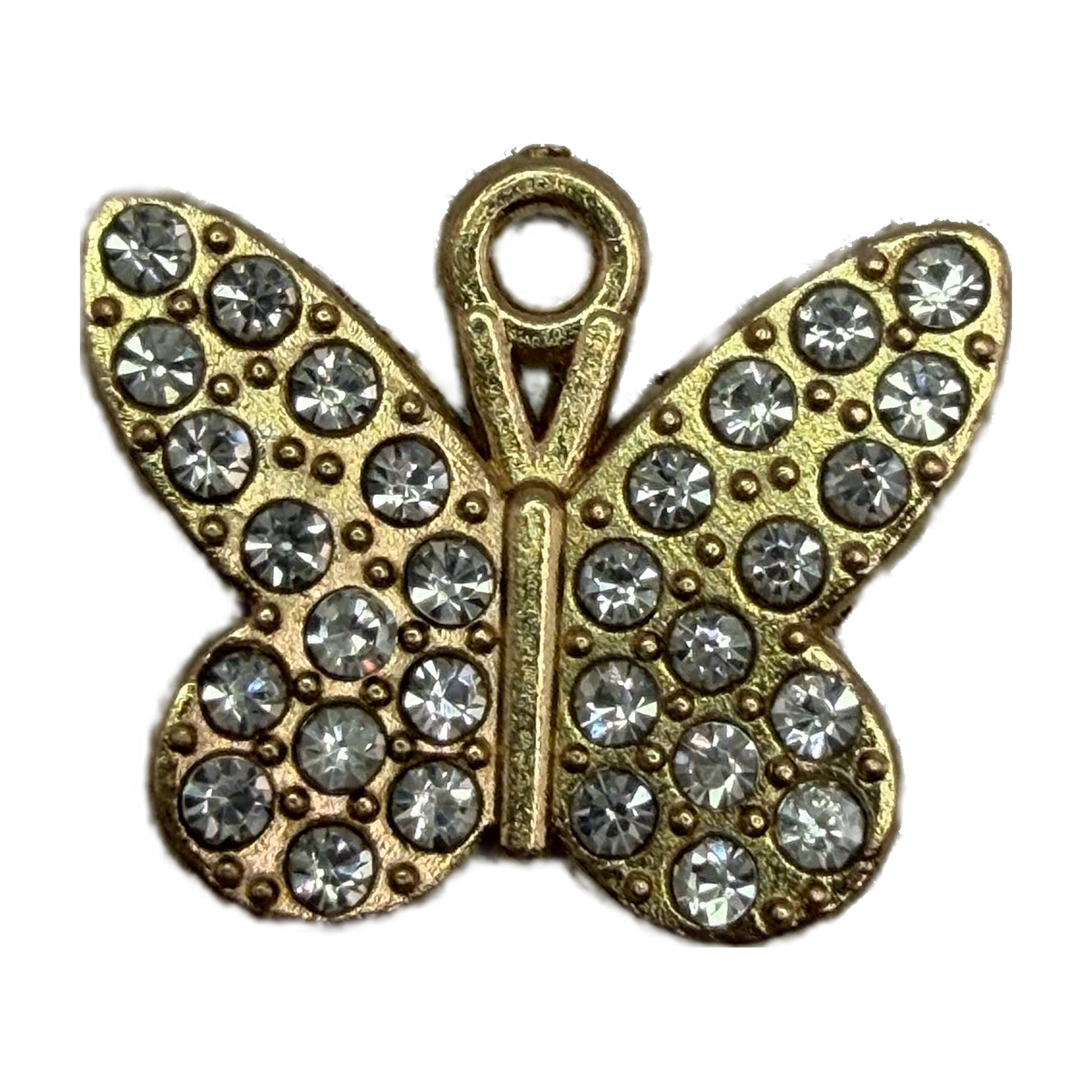 Gold butterfly charm with pavé-style clear crystals and textured detailing