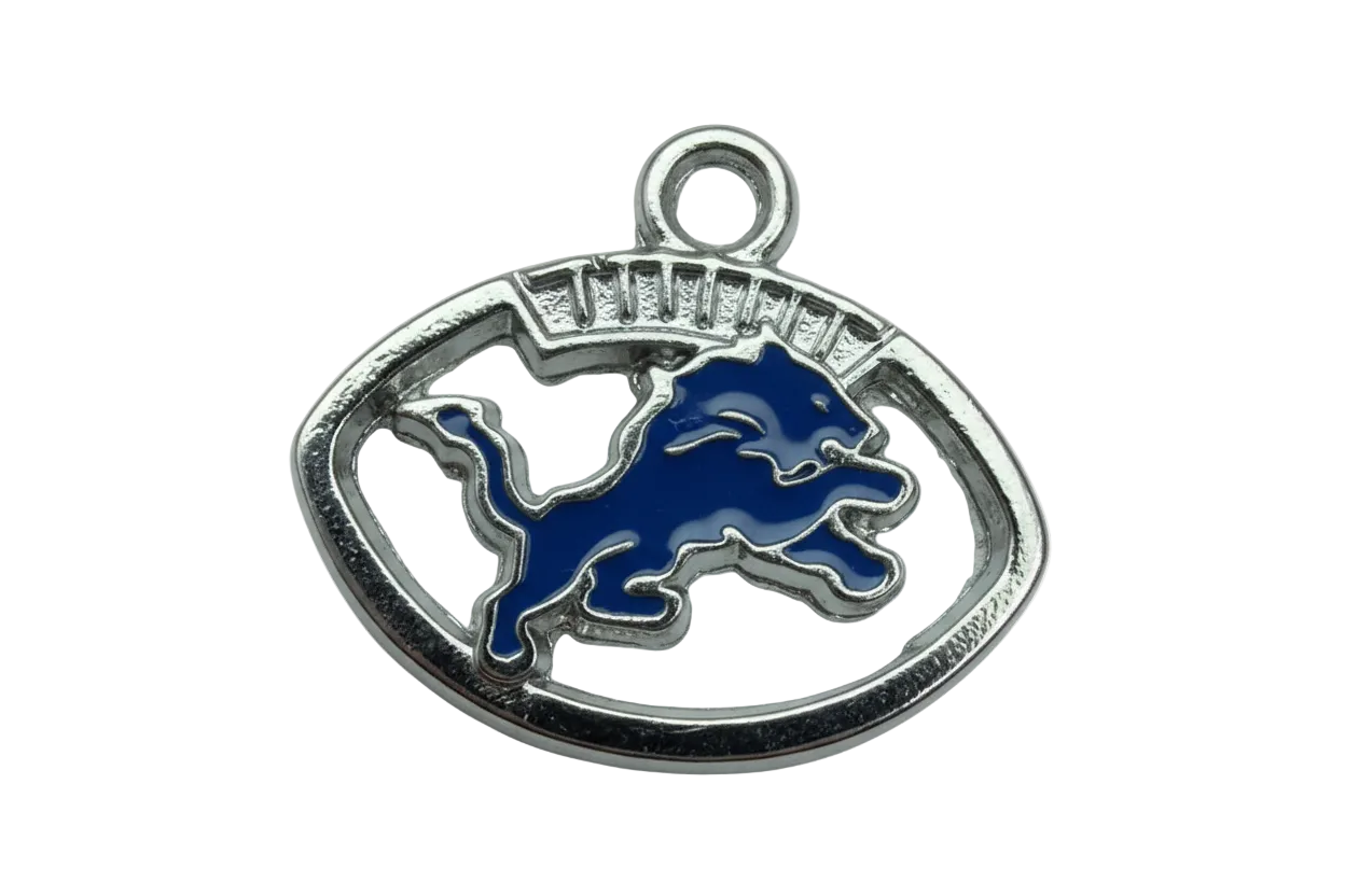 Silver oval emblem with navy lion silhouette in glossy enamel