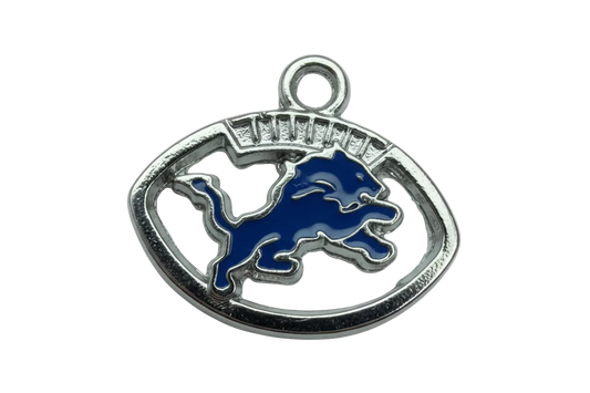 Silver oval emblem with navy lion silhouette in glossy enamel