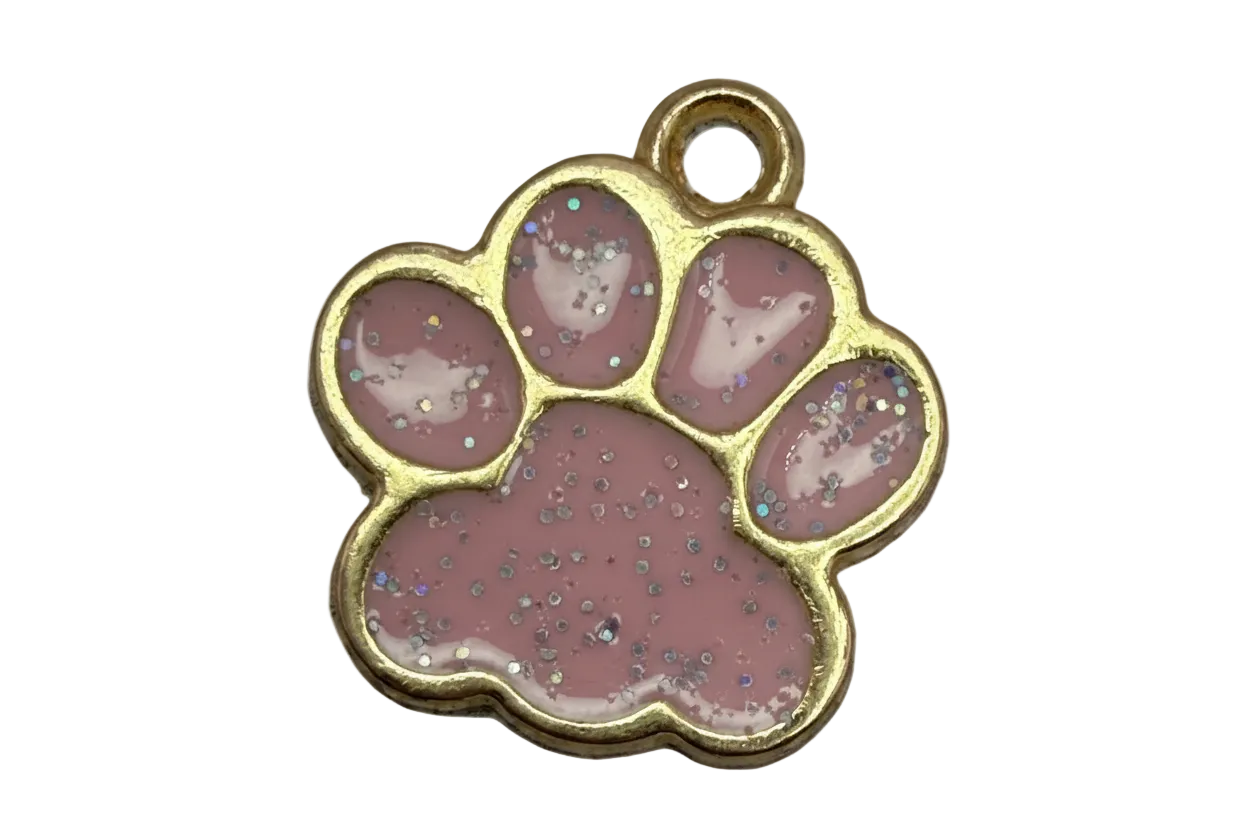 Gold-framed pink paw print with iridescent glitter enamel
