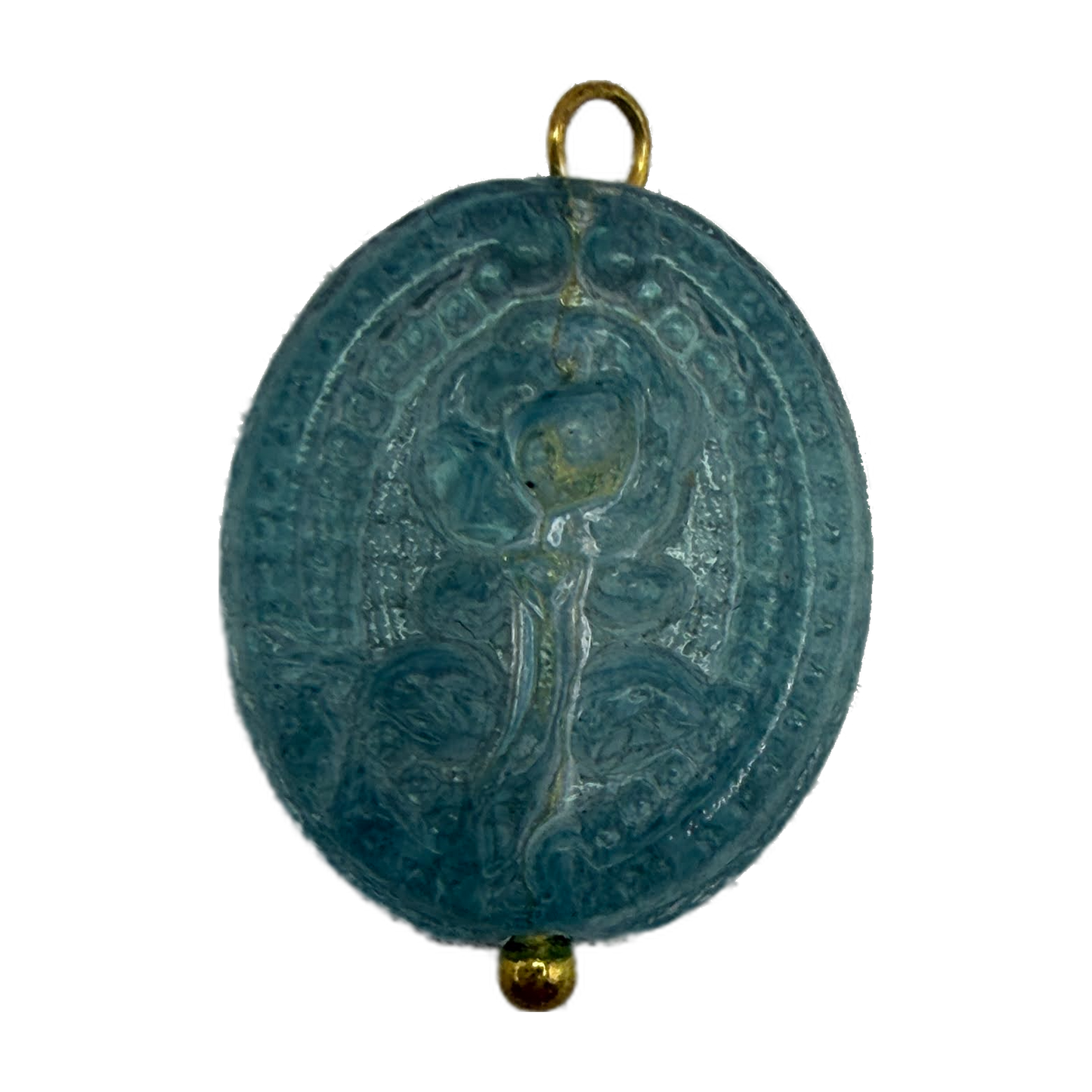 Oval teal cameo medallion with raised sacred figure relief and gold accents