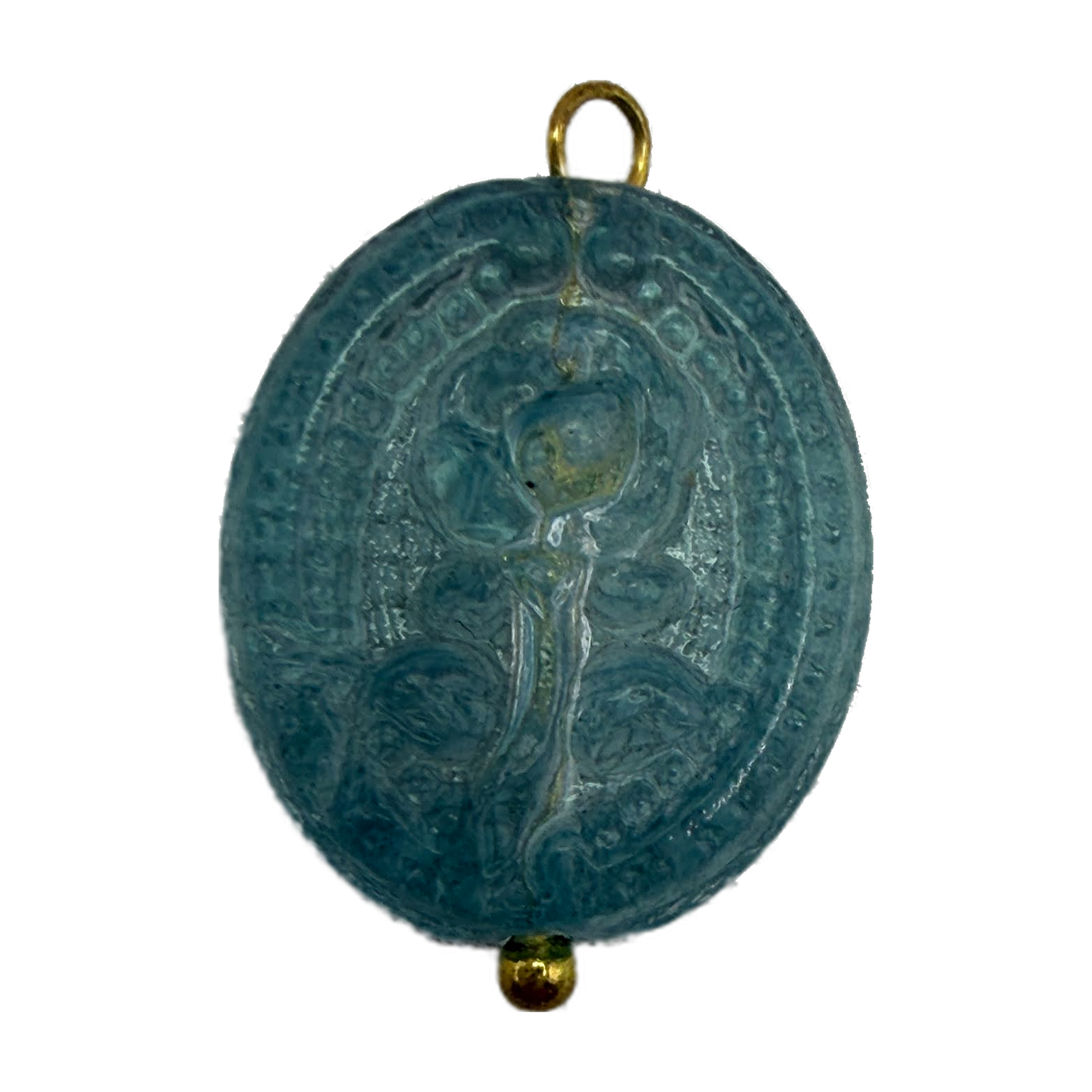 Oval teal cameo medallion with raised sacred figure relief and gold accents