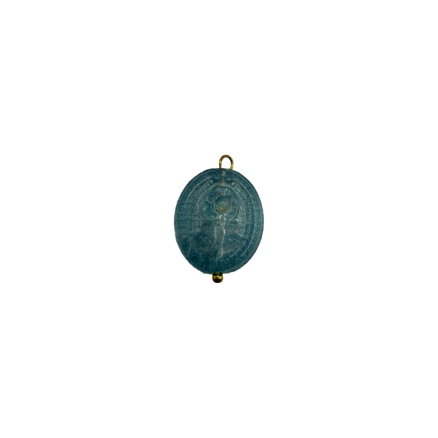 Teal oval cameo medallion with sacred figure relief, gold accents