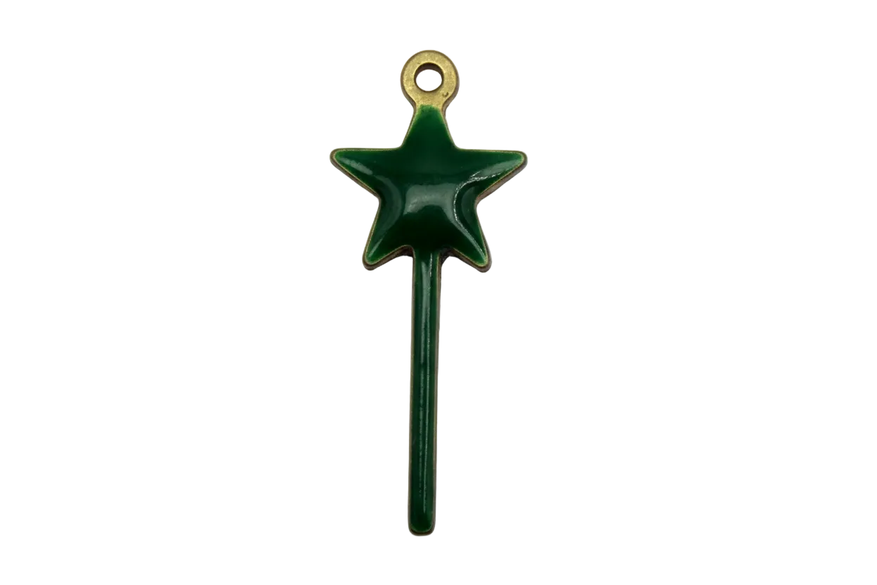 Emerald green enamel star wand charm with gold detail and clear round gem accent