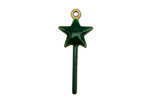 Emerald green enamel star wand charm with gold detail and clear round gem accent