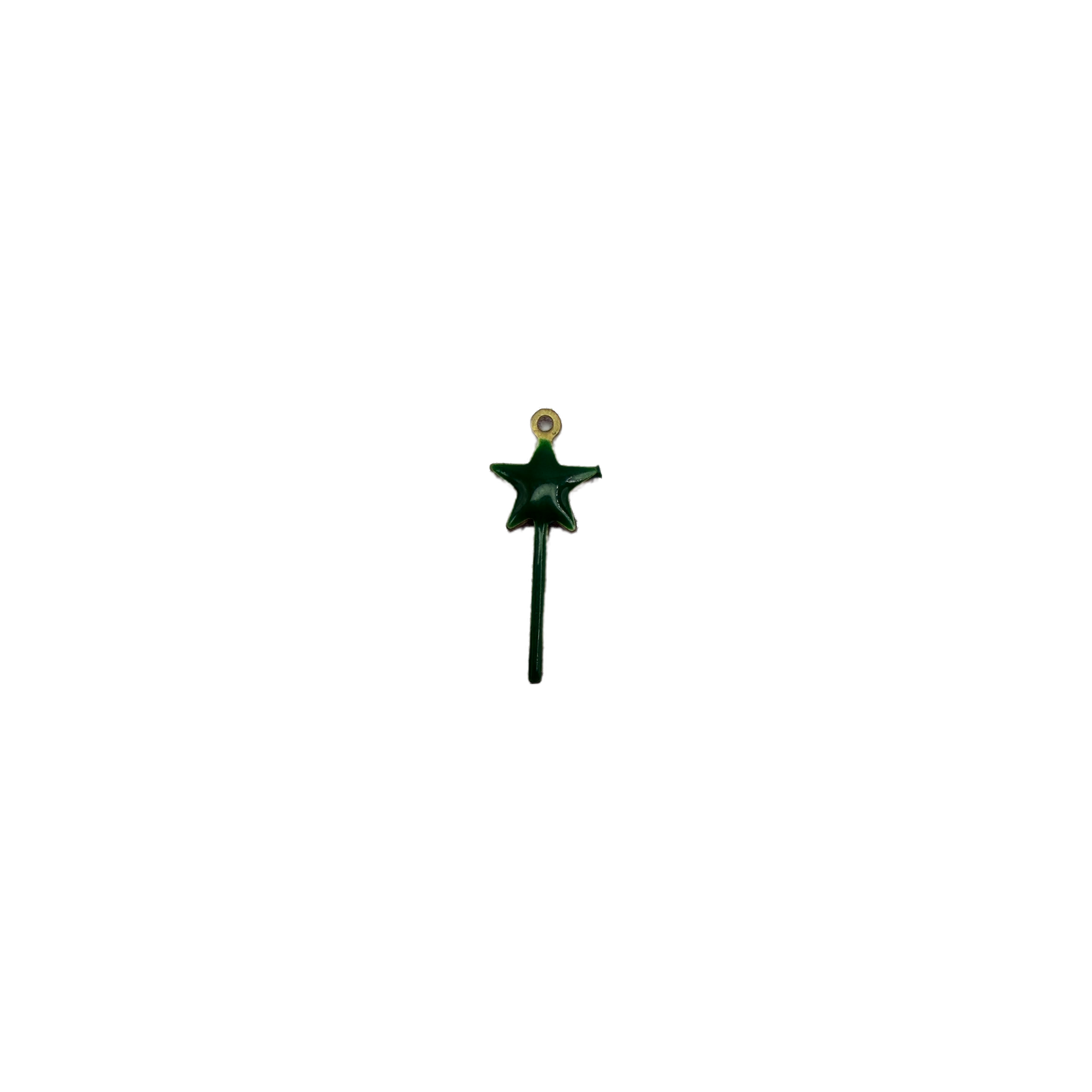 Green enamel star wand with gold detail and clear gem