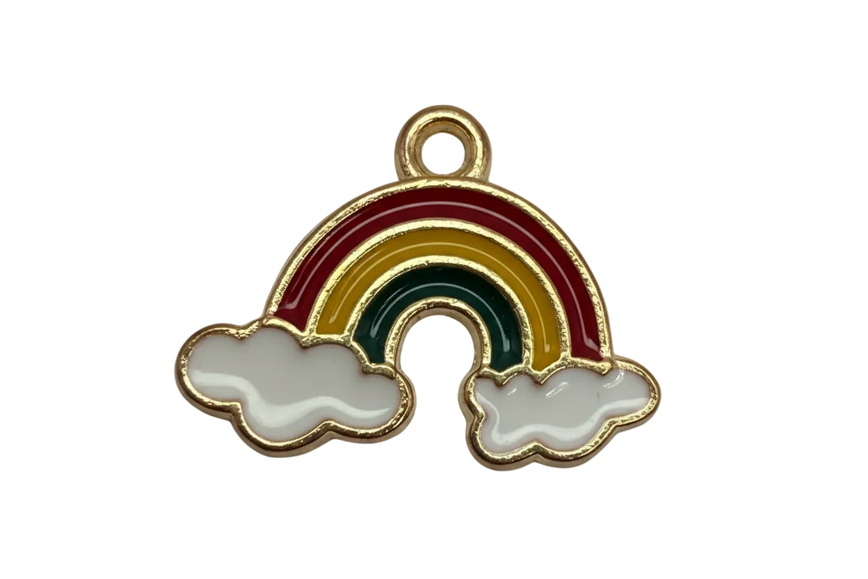 Gold-outlined enamel rainbow with red, yellow, and green stripes and white clouds