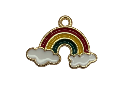 Gold-outlined enamel rainbow with red, yellow, and green stripes and white clouds