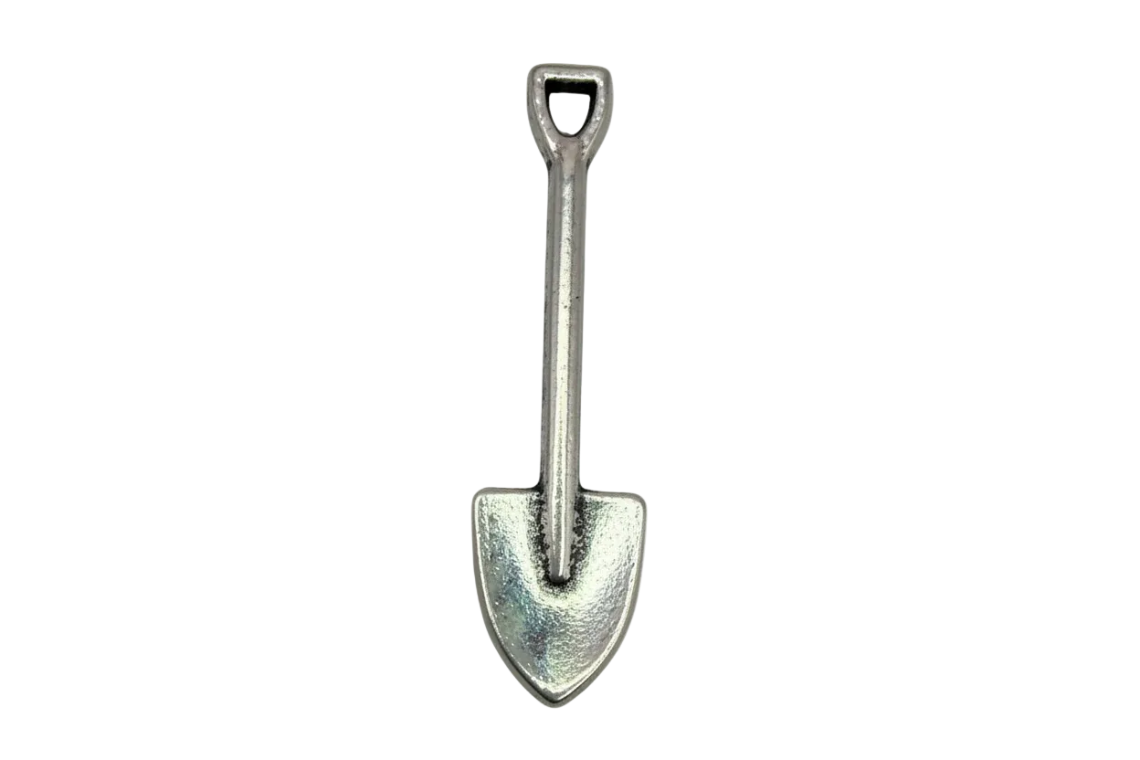 Silver-toned mini shovel pendant with polished finish on black background