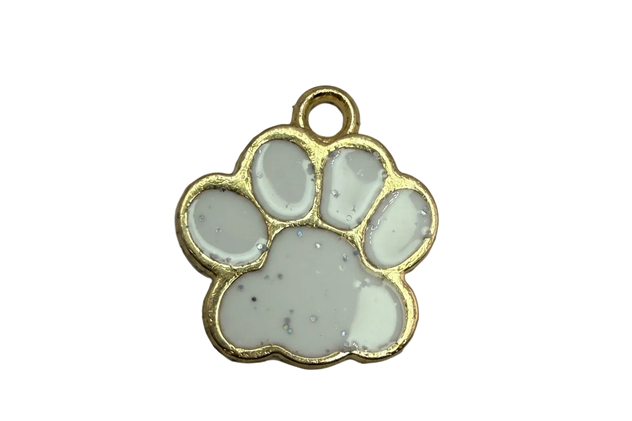 Gold-framed paw print charm with glossy gray enamel and subtle iridescent glitter