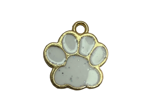 Gold-framed paw print charm with glossy gray enamel and subtle iridescent glitter