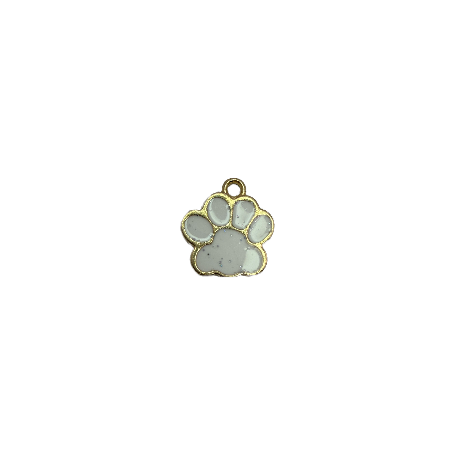 Gold paw print with glossy gray enamel and iridescent glitter
