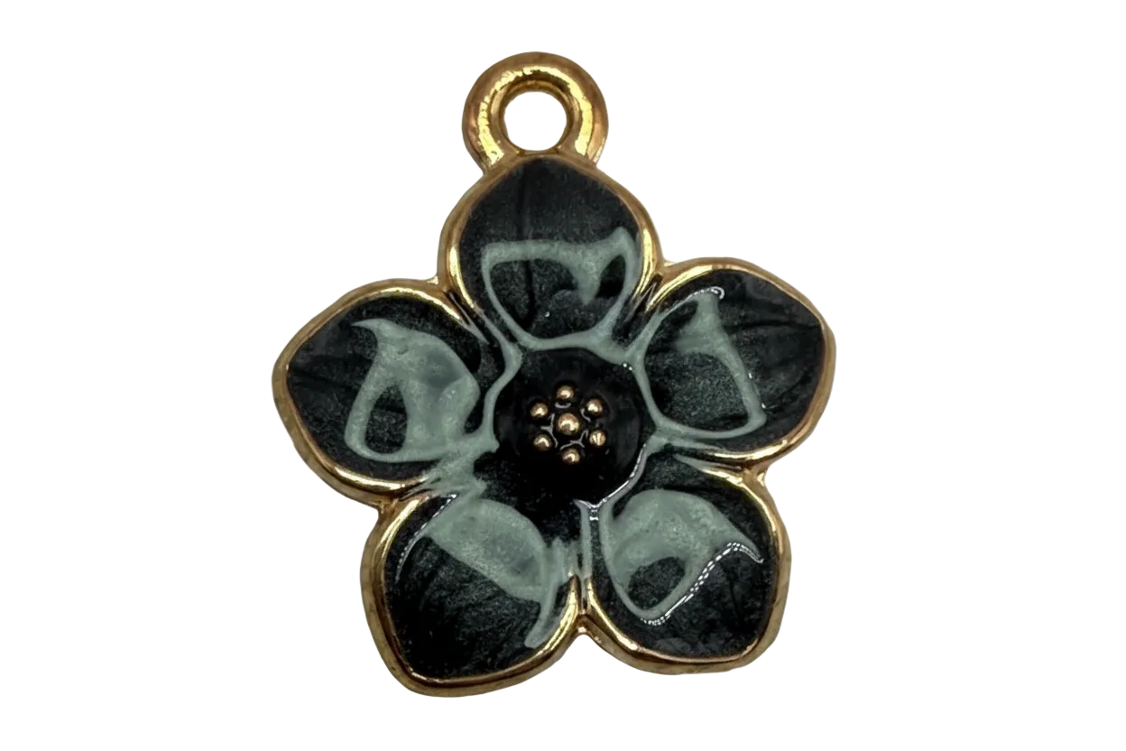 Marbled black five-petal flower charm with gold outline and beaded center