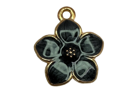 Marbled black five-petal flower charm with gold outline and beaded center