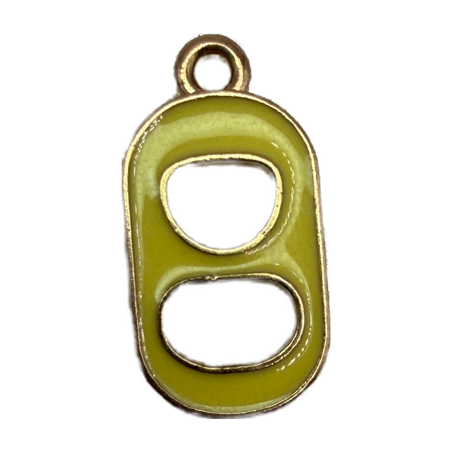 Olive green enamel soda can tab motif with gold-tone outline and cutouts