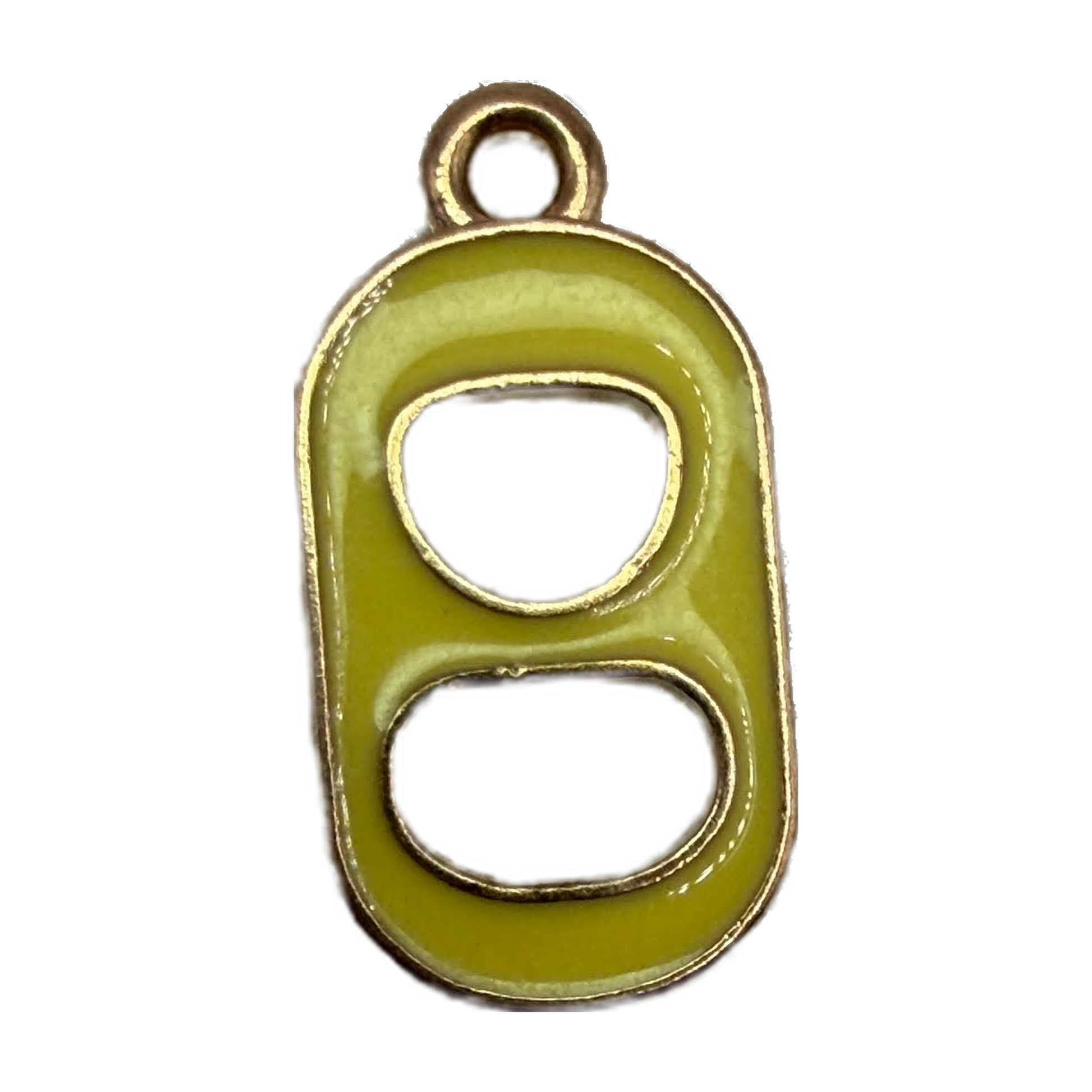 Olive green enamel soda can tab motif with gold-tone outline and cutouts