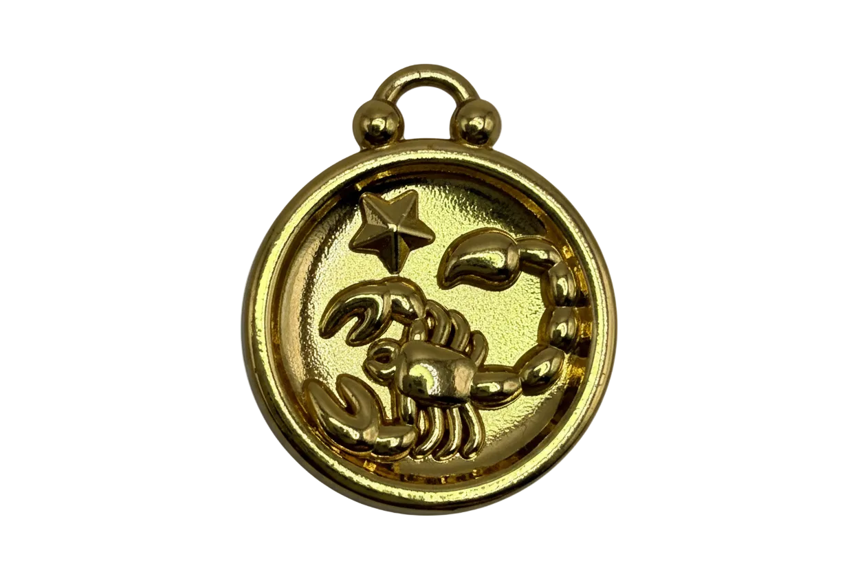 Gold medallion with raised scorpion and star motif, high-polish finish