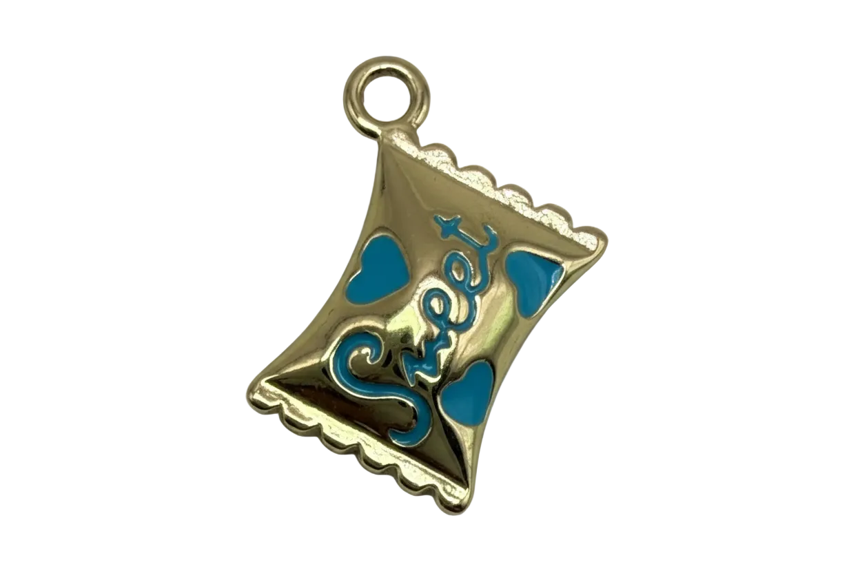 Gold envelope charm with blue enamel hearts and scripted motif