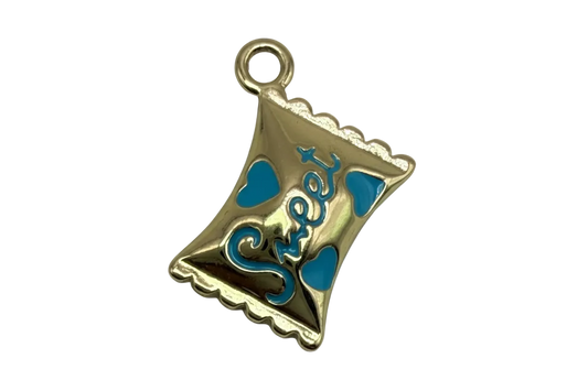 Gold envelope charm with blue enamel hearts and scripted motif