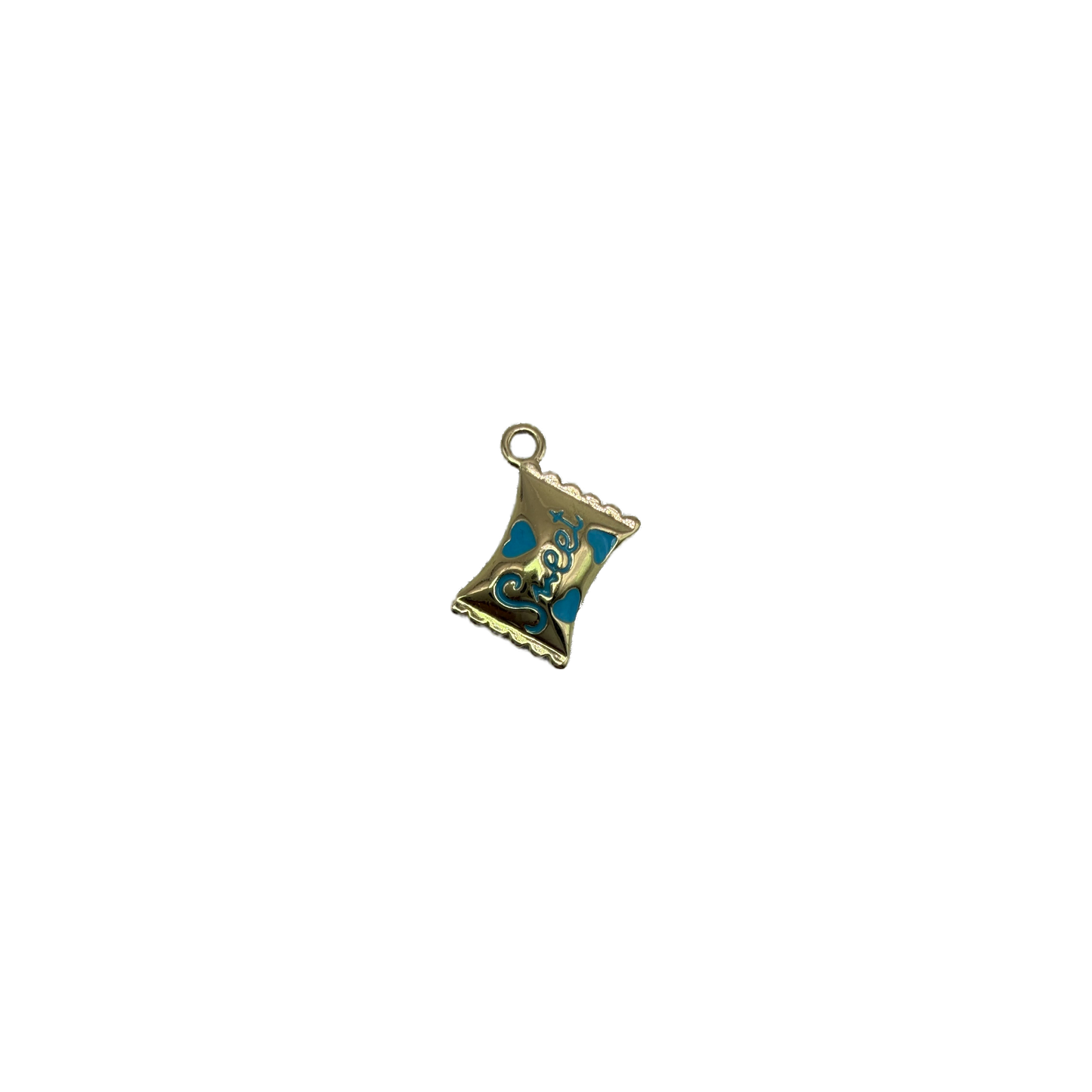 Gold envelope with blue enamel hearts and script