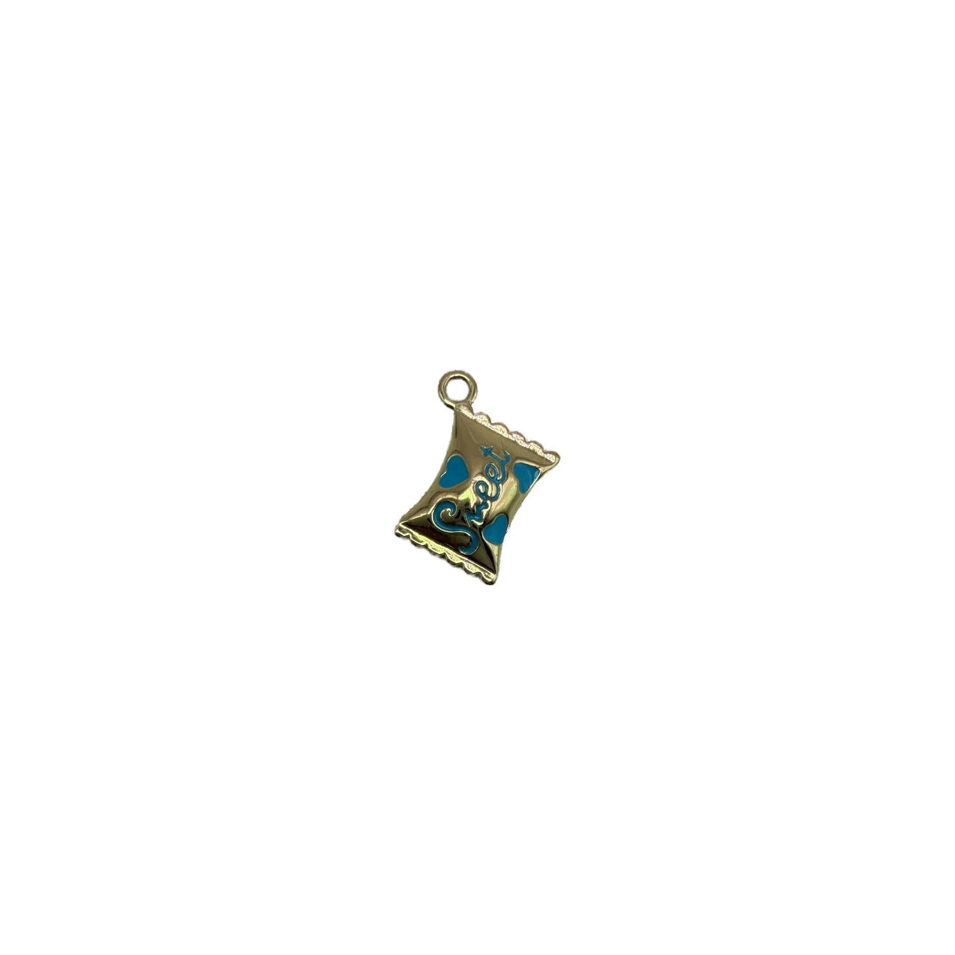 Gold envelope with blue enamel hearts and script