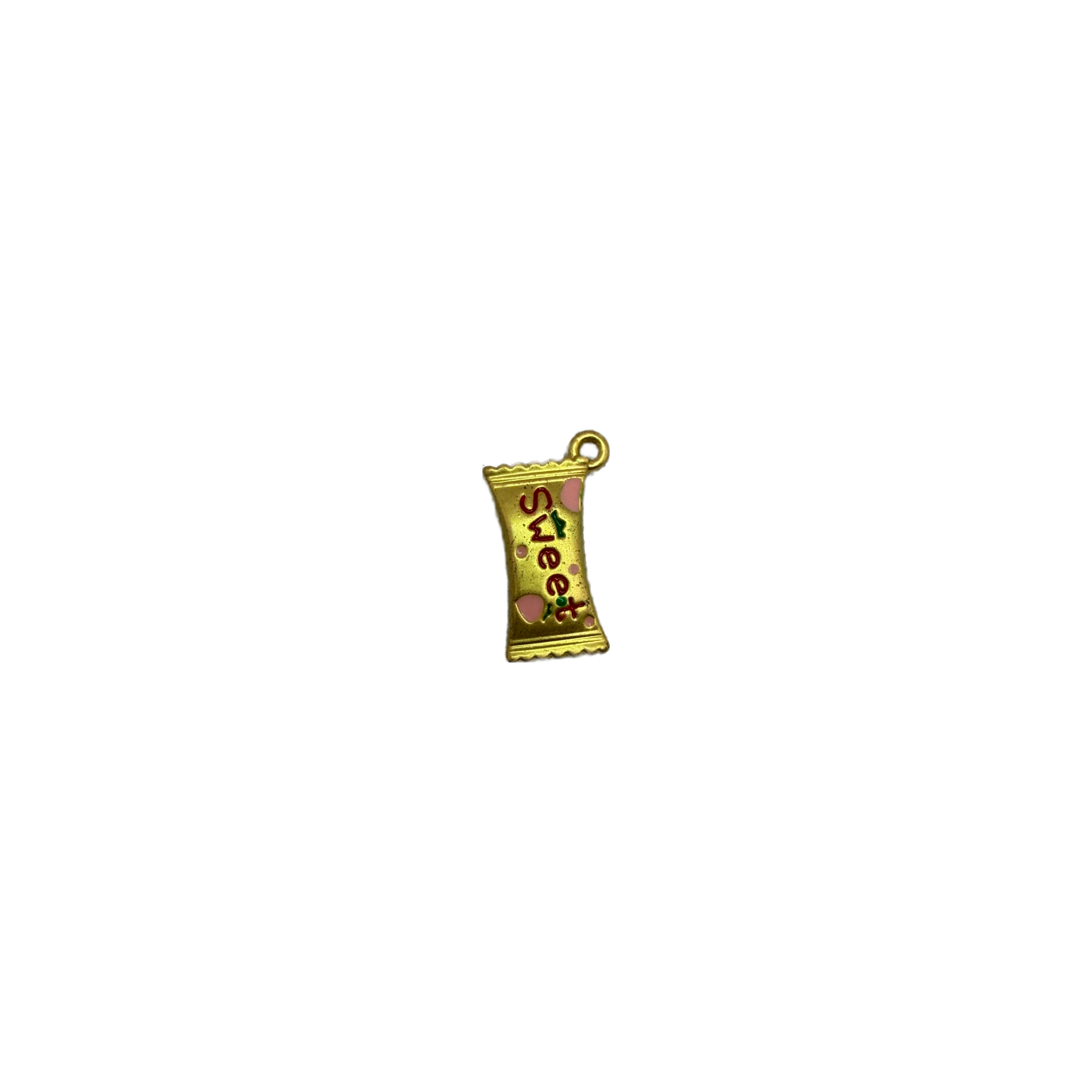 Gold candy wrapper with “sweet” lettering and pink heart accents