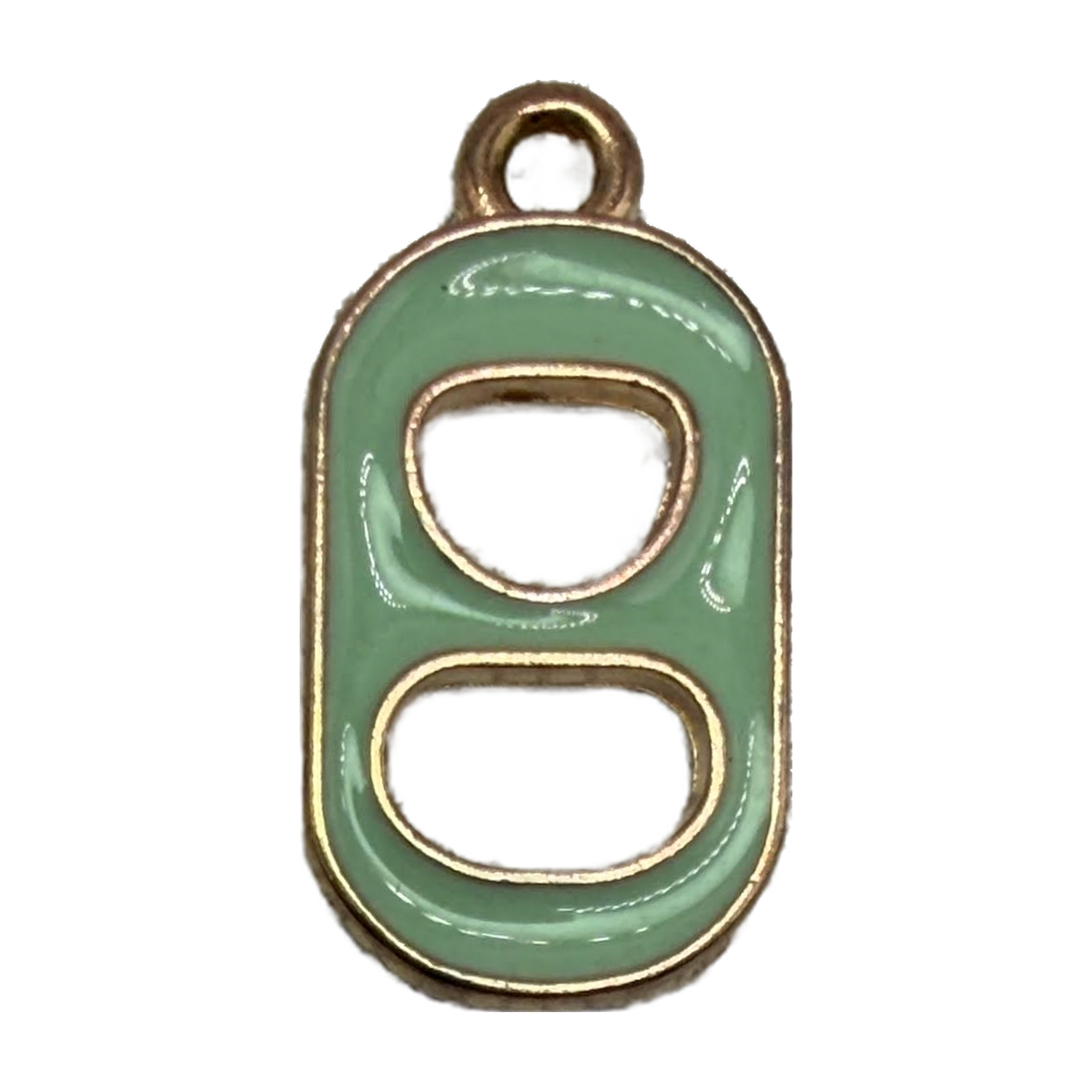 Mint green enamel soda can pull tab with gold outline
