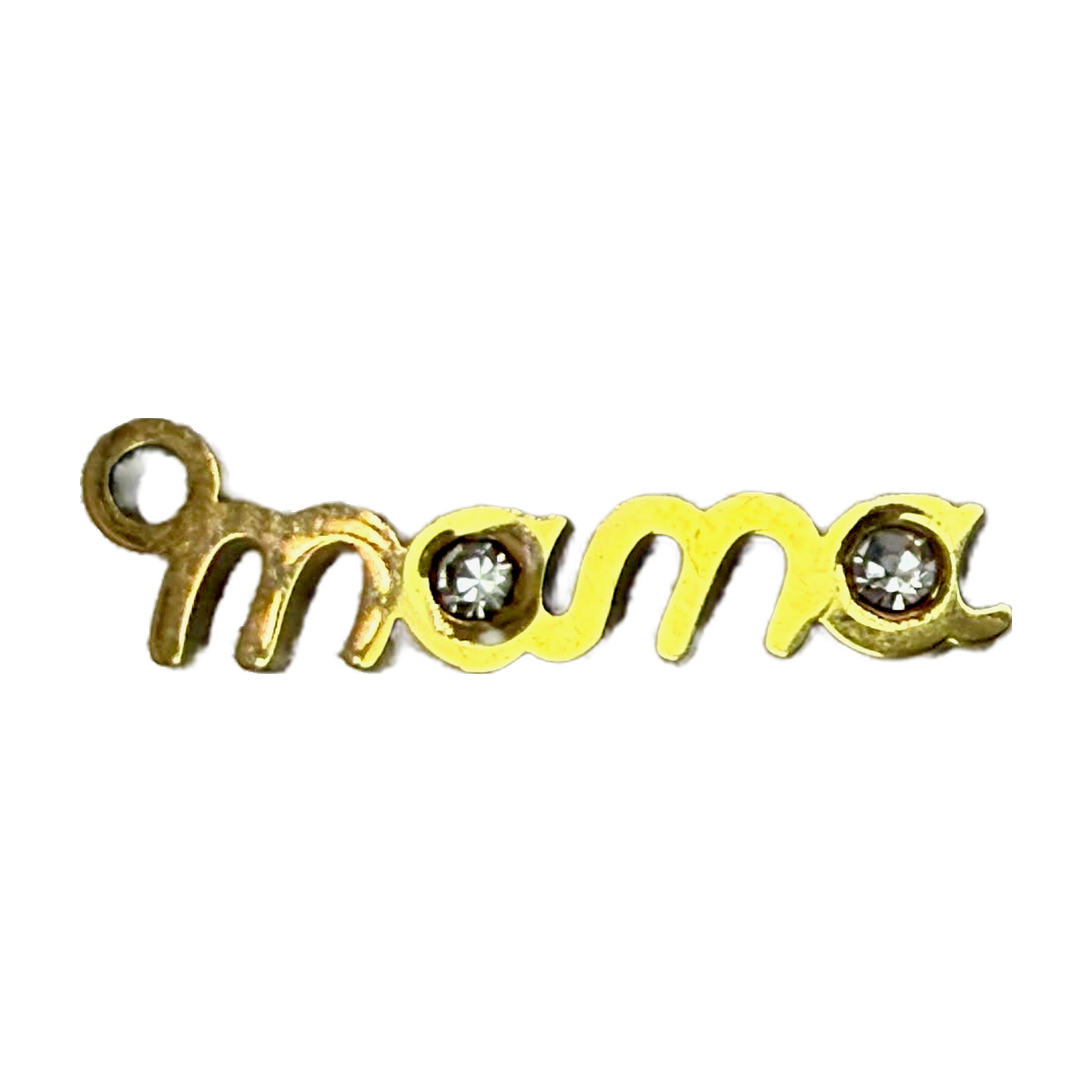 Gold cursive mom word charm with two clear crystal gems