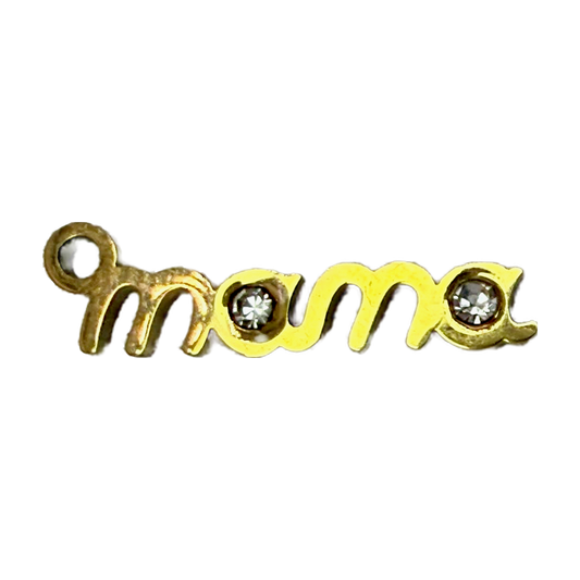 Gold cursive mom word charm with two clear crystal gems