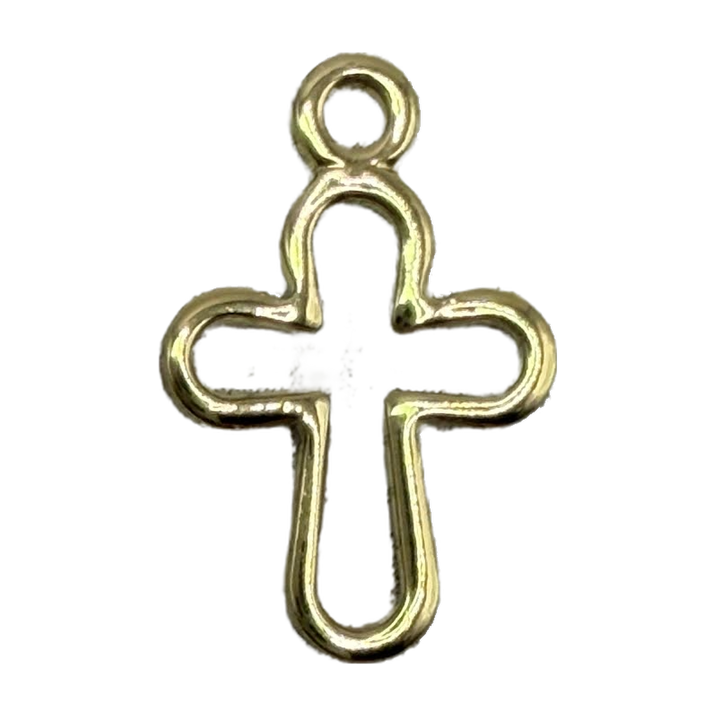 Polished gold open-outline cross charm with smooth rounded edges