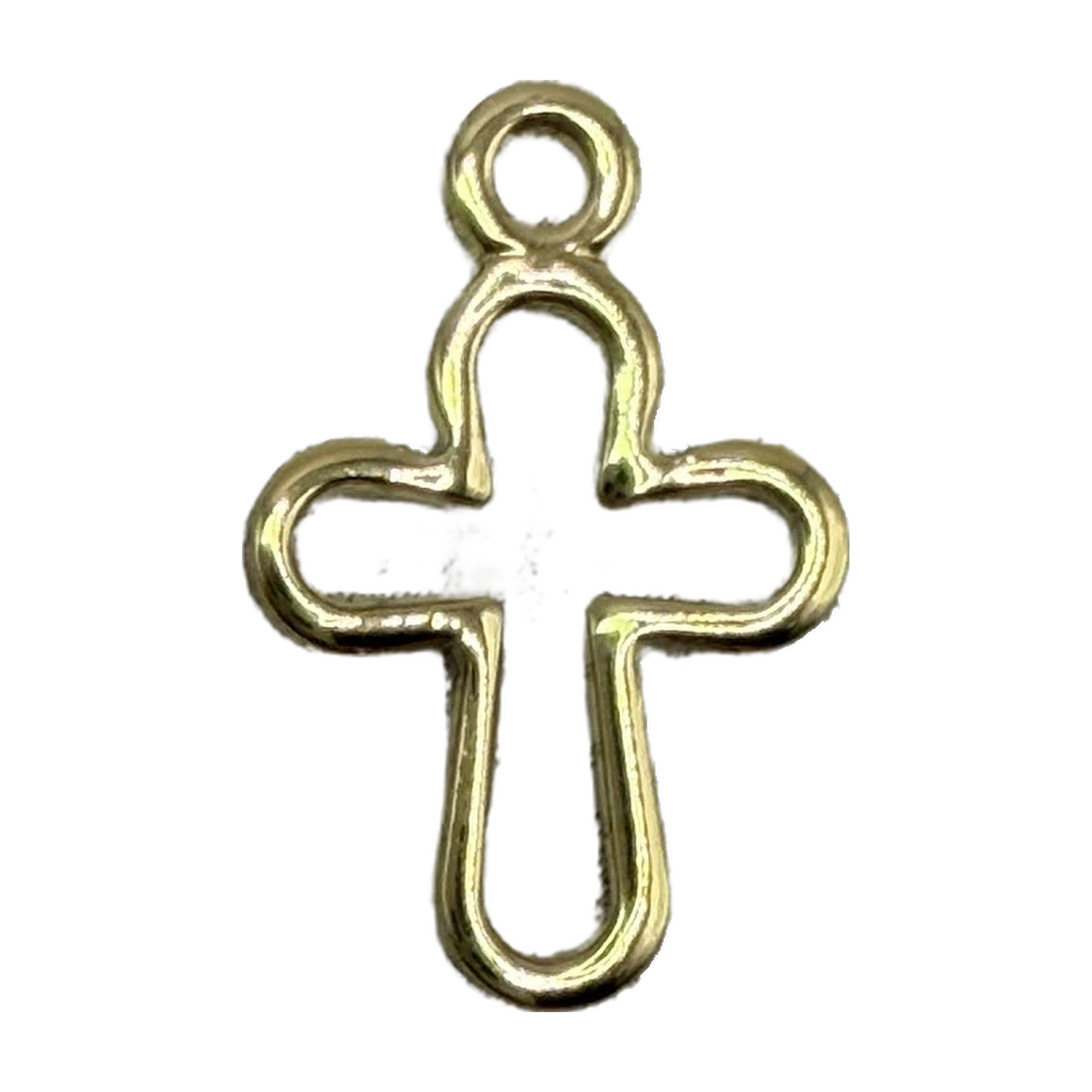 Polished gold open-outline cross charm with smooth rounded edges