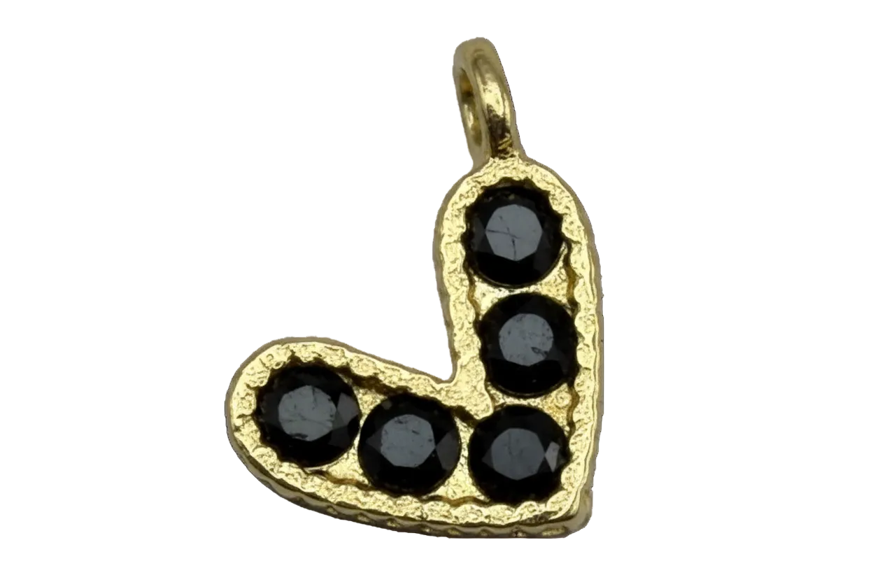Gold beaded heart with five round black gem accents
