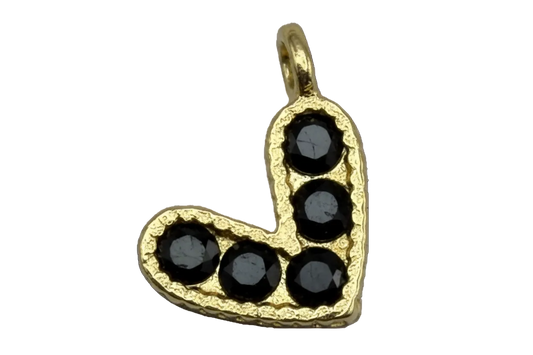 Gold beaded heart with five round black gem accents