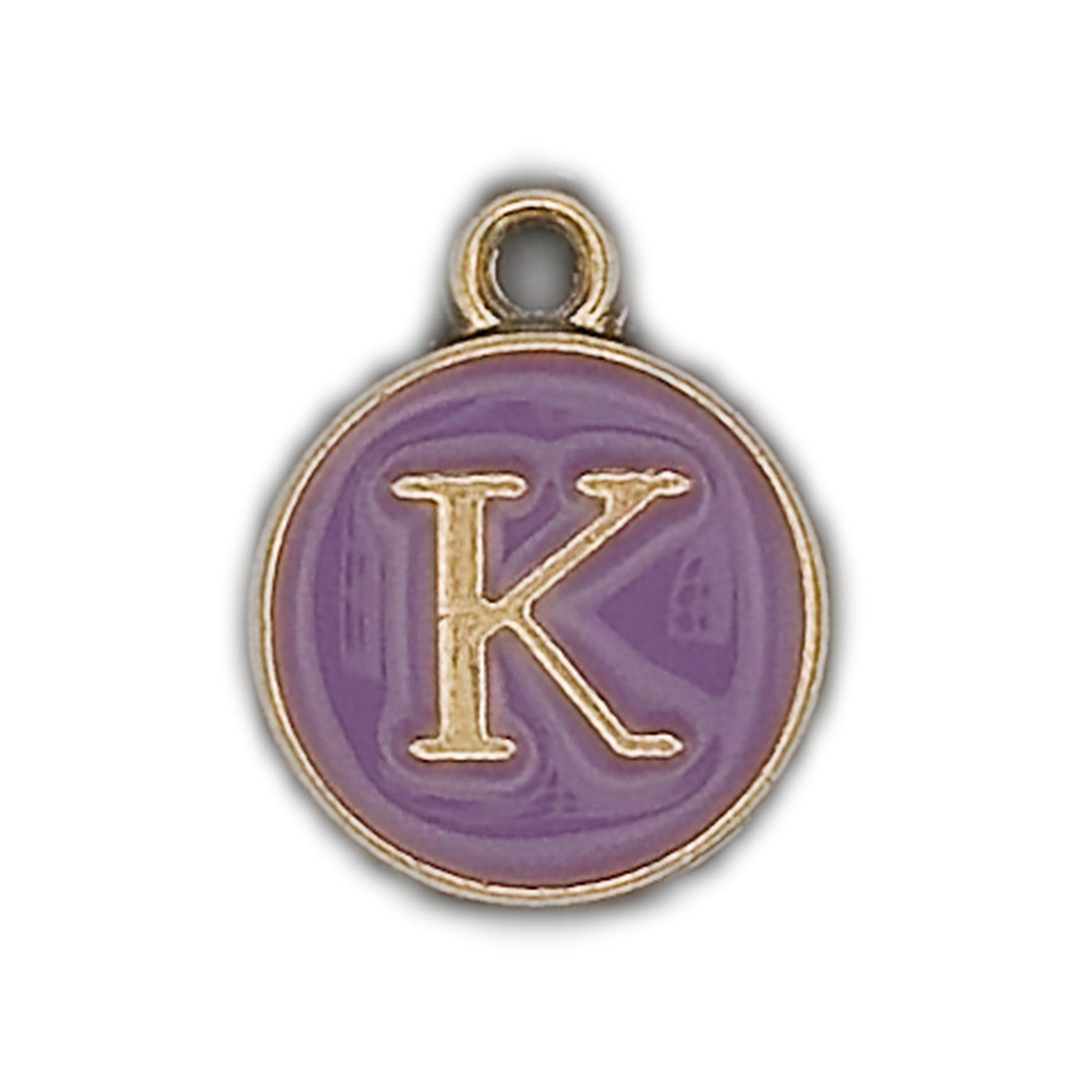 close-up of round purple enamel charm with gold letter K