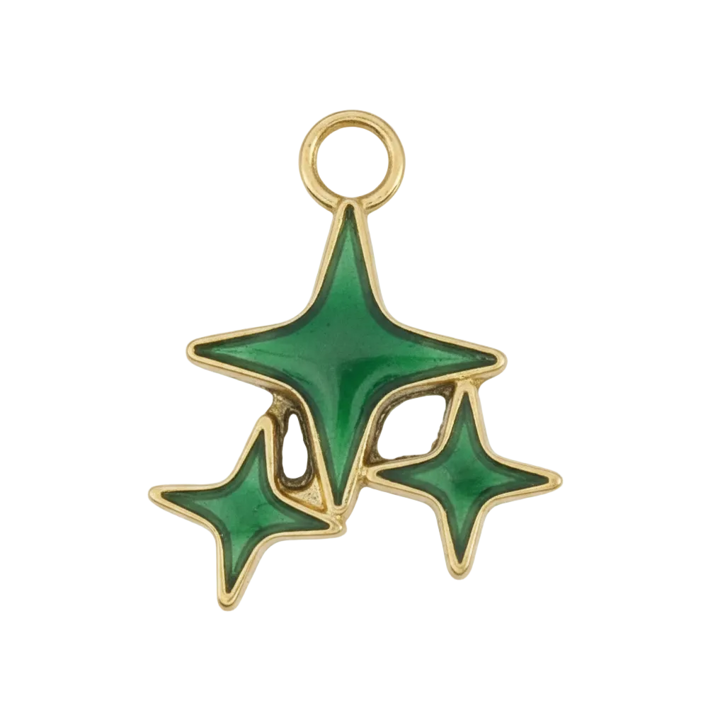 close-up of green enamel triple starburst charm with gold outlines on a black background