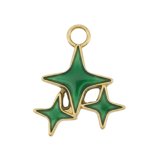close-up of green enamel triple starburst charm with gold outlines on a black background