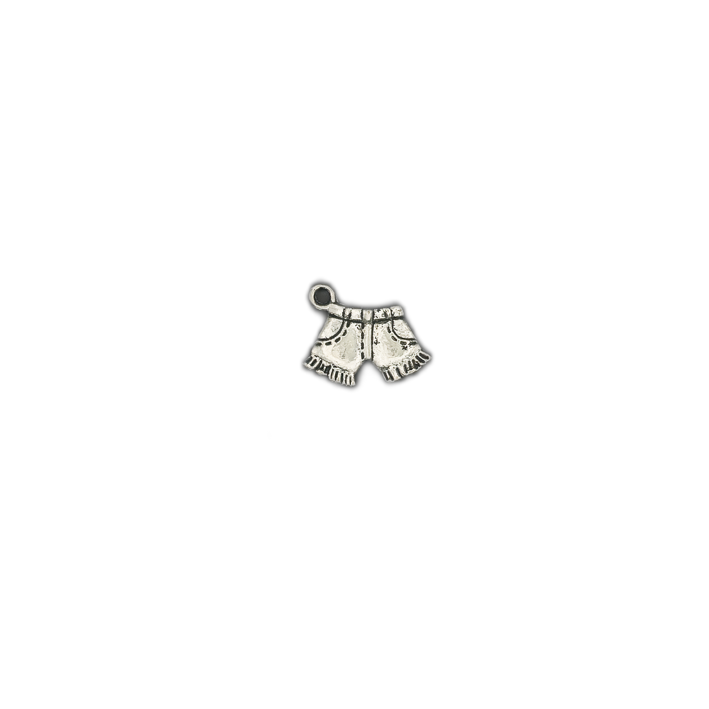 small silver shorts charm centered on black background