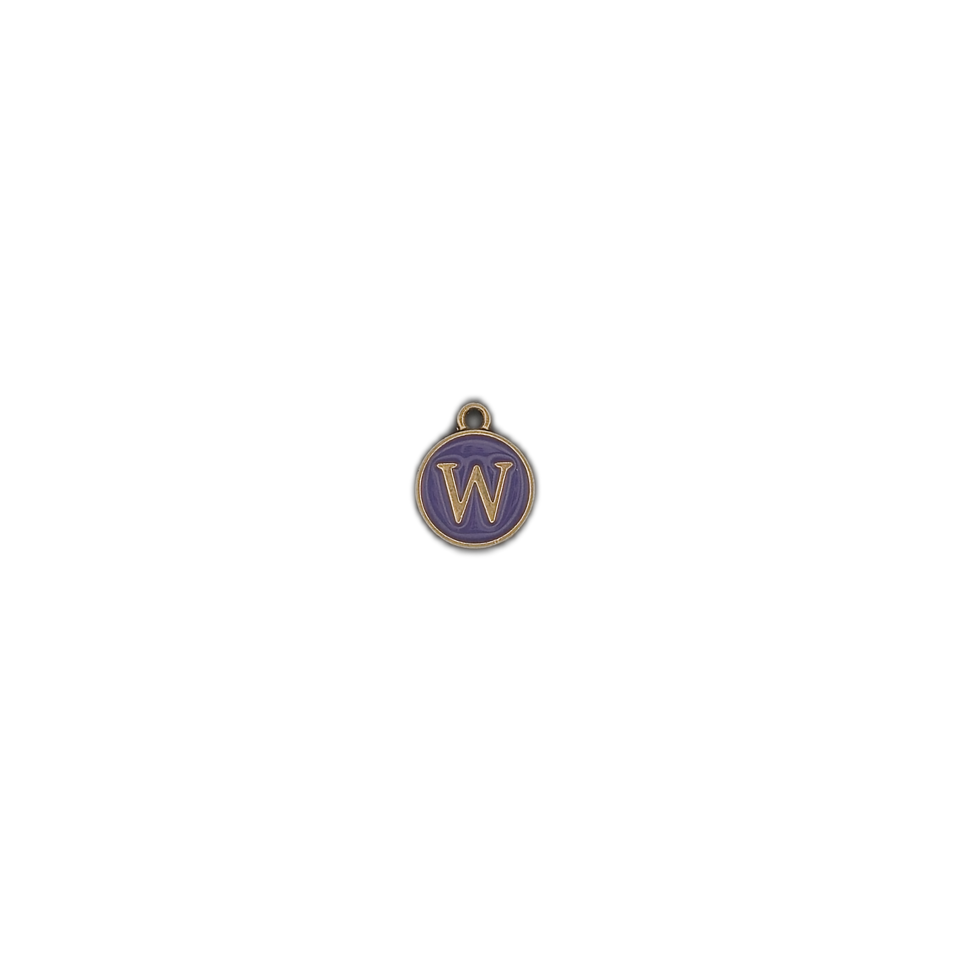 small round charm showing a gold letter W on a purple enamel background