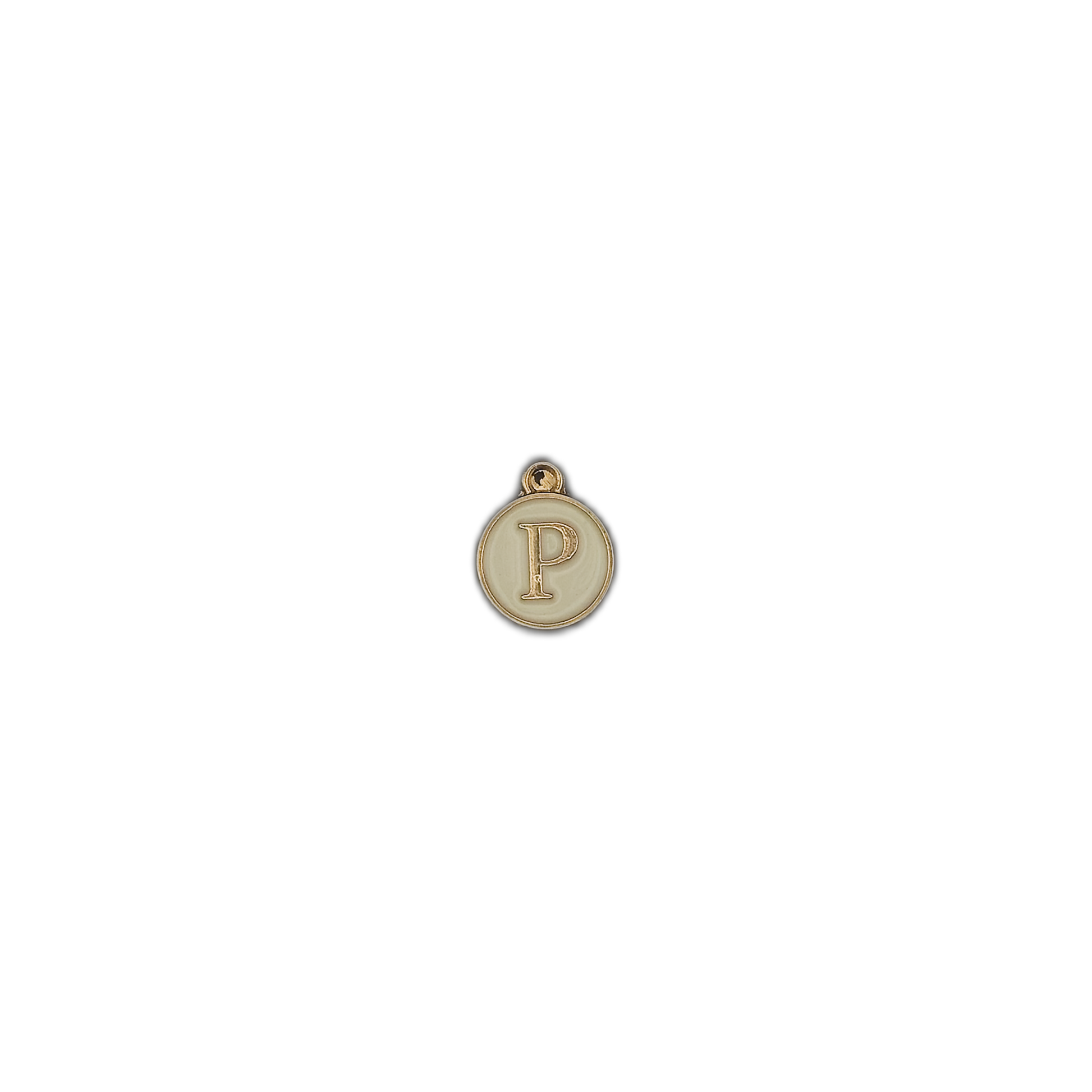 Small round gold-tone initial P charm on black background.