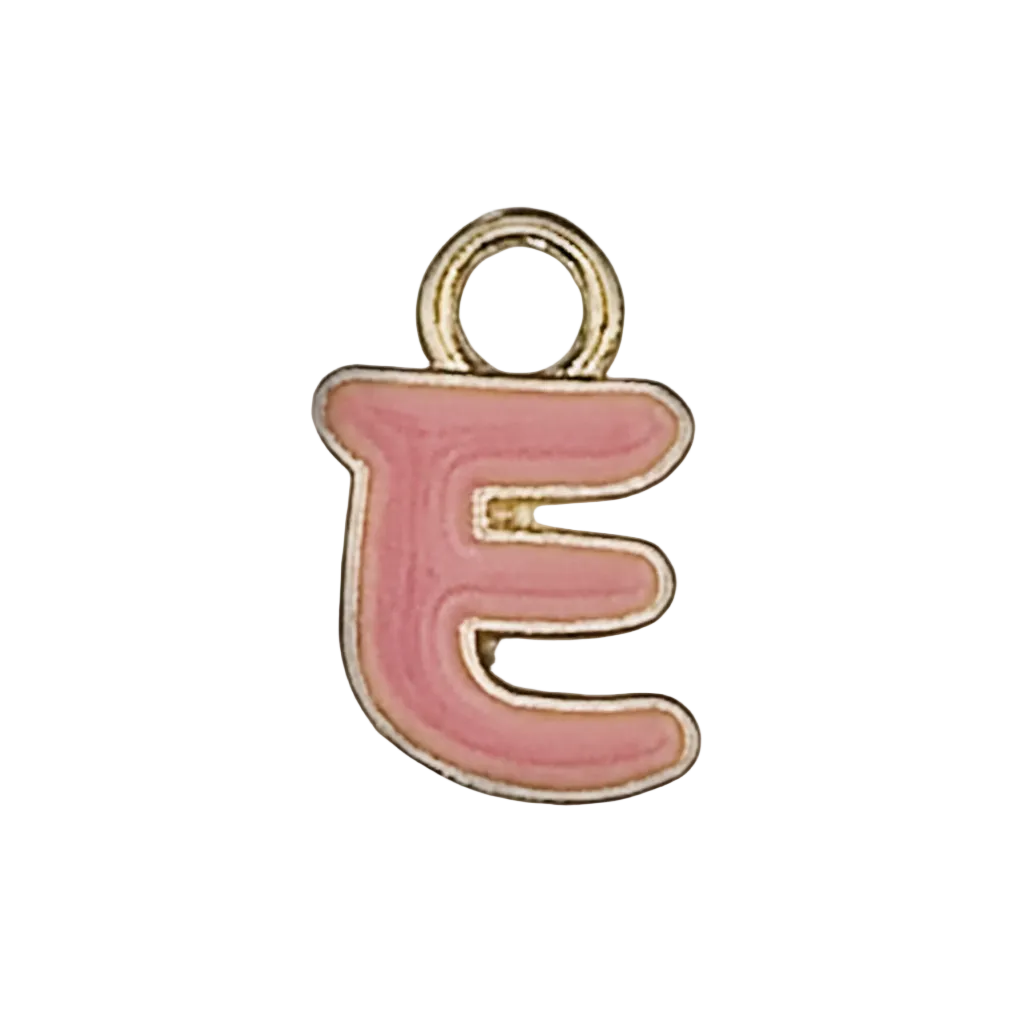 Close-up of a pink enamel letter E charm with gold-tone edge on a black background.