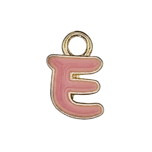 Close-up of a pink enamel letter E charm with gold-tone edge on a black background.