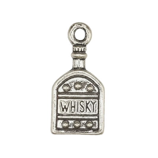 close-up of silver-tone whisky bottle charm with engraved WHISKY text
