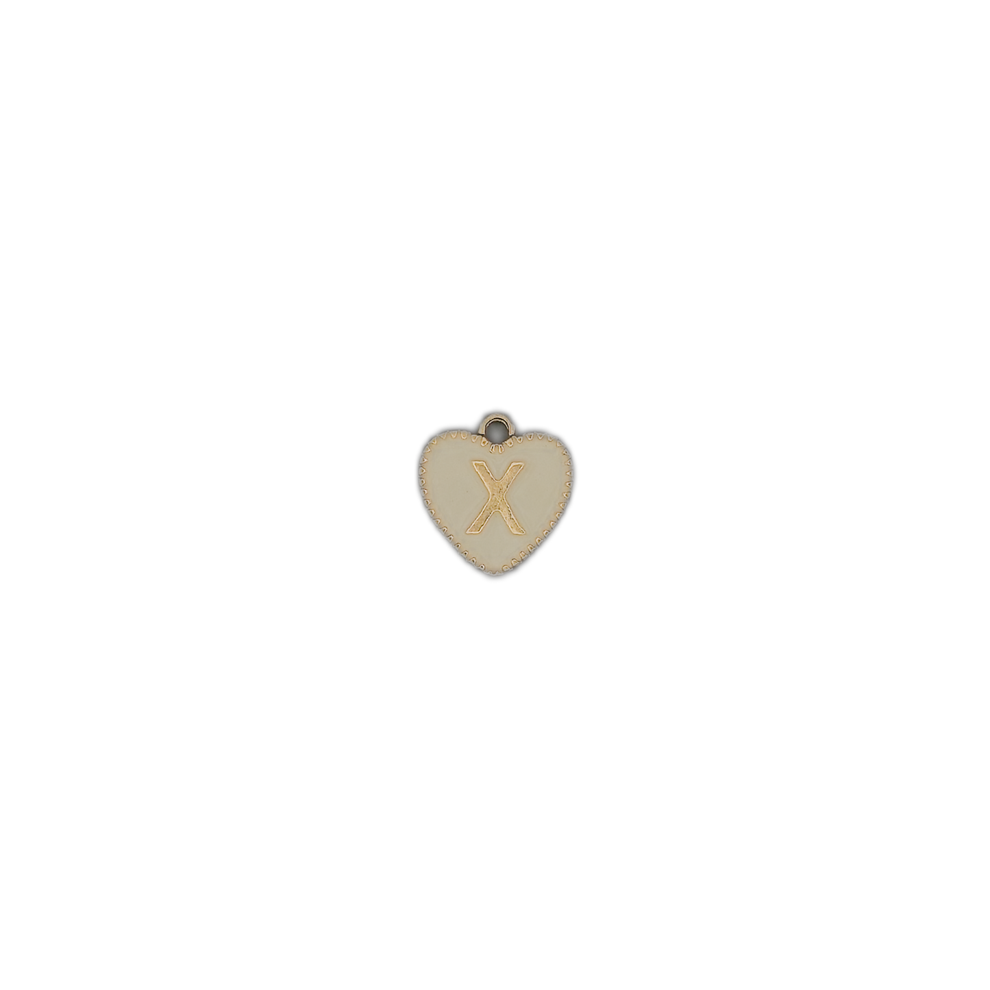 small heart charm with gold letter X on cream enamel centered on a black background