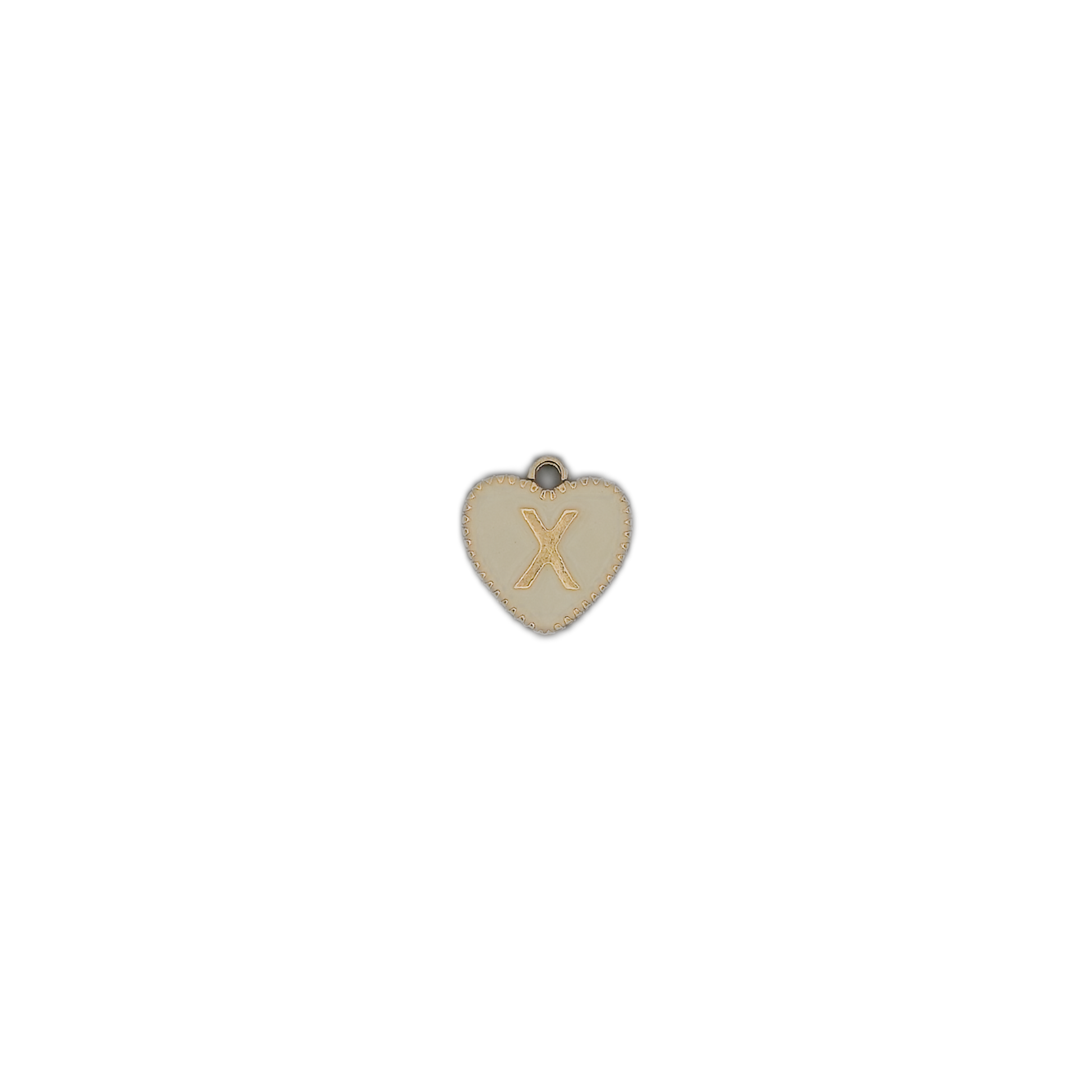 small heart charm with gold letter X on cream enamel centered on a black background